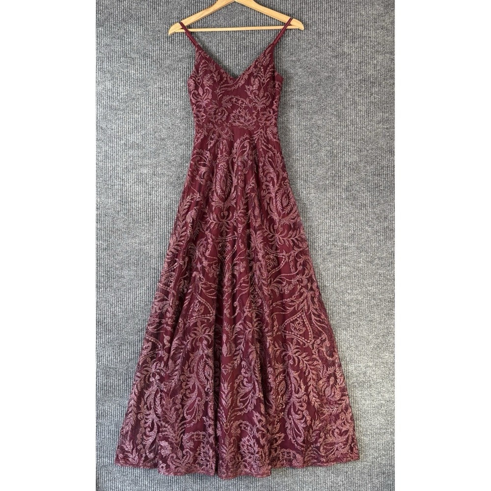 Y2K Burgundy Glitter Mesh Overlay Maxi Prom Dress Dark Feminine Glam‎ Formal 0 - Picture 2 of 11